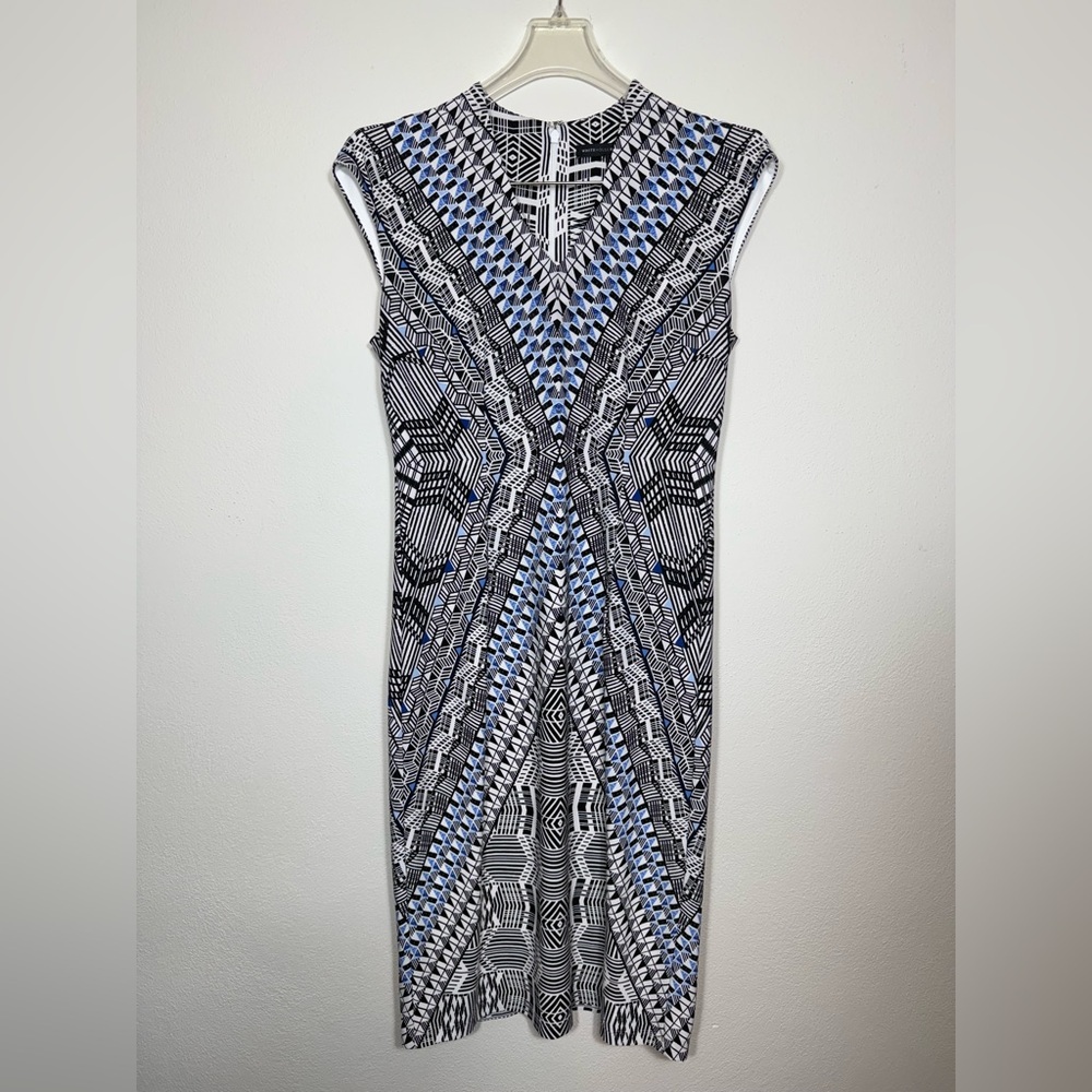 White House Black Market Geometric Patterned Sleeveless Dress Blue Accents